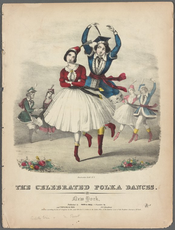 A colored lithograph of a couple dancing the polka, the woman in a red jacket and white skirt, the man in blue, surrounded by onlooking figures.