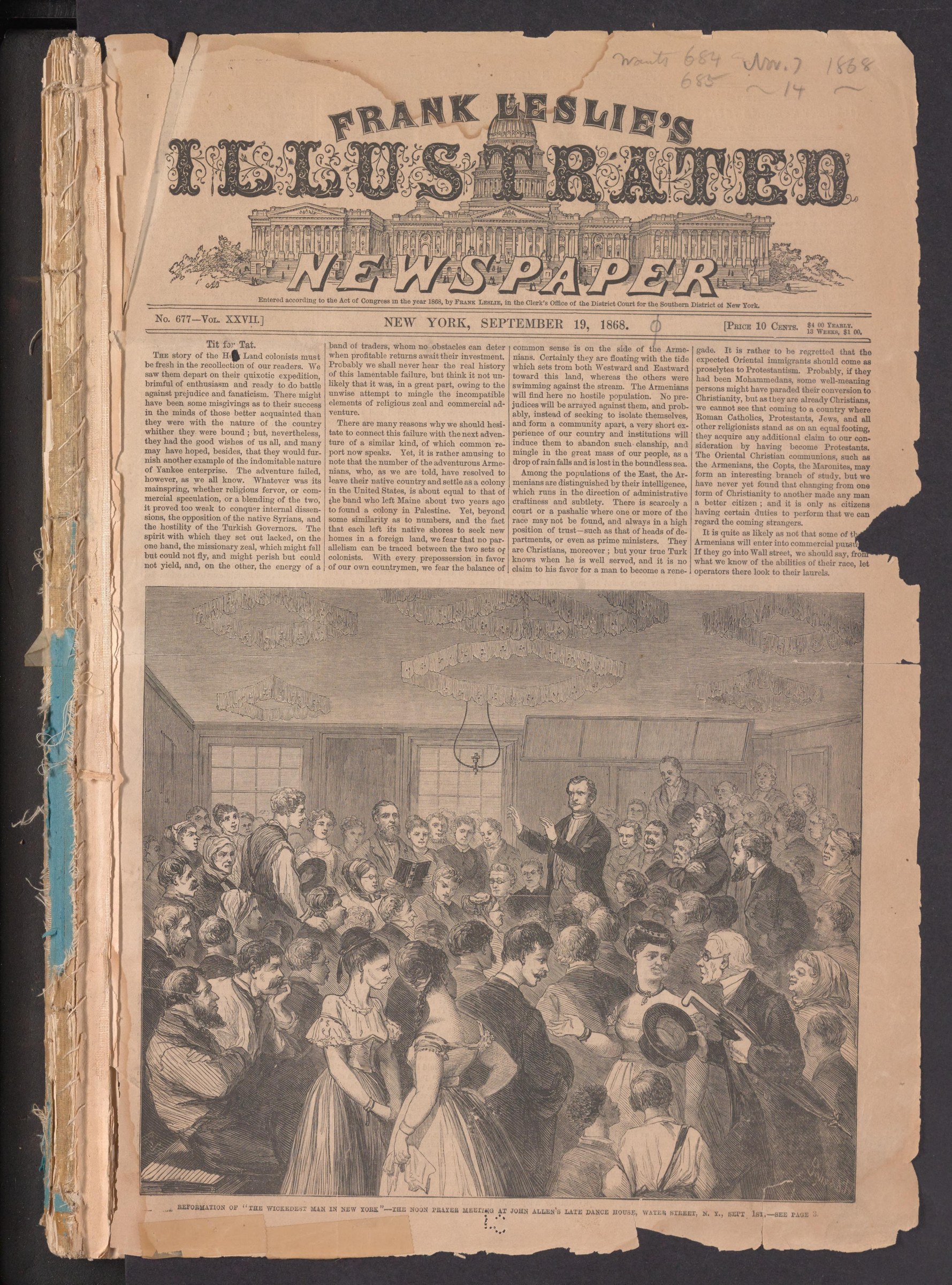 Crowded indoor gathering of fifty people in 1860s dress standing and mingling in a wood-paneled room lit by a hanging lamp.
