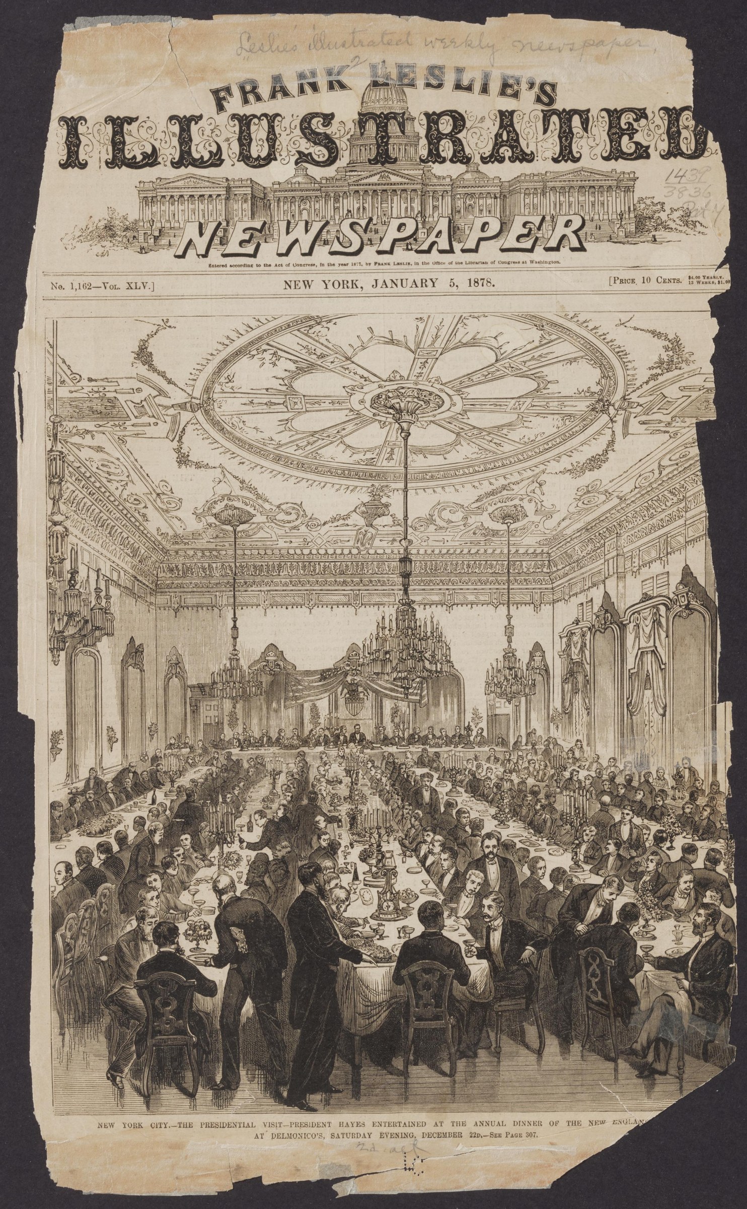 Formal state dinner at Delmonico's, New York, 1877: hundreds of guests in evening dress seated at long tables in an ornate hall with coffered ceiling and
