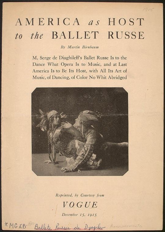 Two costumed dancers in an ornate, exotic stage setting, photographed for a 1915 Vogue article on the Ballets Russes.