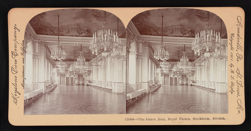Empty ornate ballroom with crystal chandeliers, columns, and polished floor in Stockholm's Royal Palace, stereoscopic photograph.