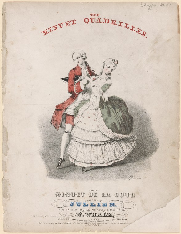 A man in a red coat and a woman in a white gown stand facing each other in formal ballroom dress, posed to dance.