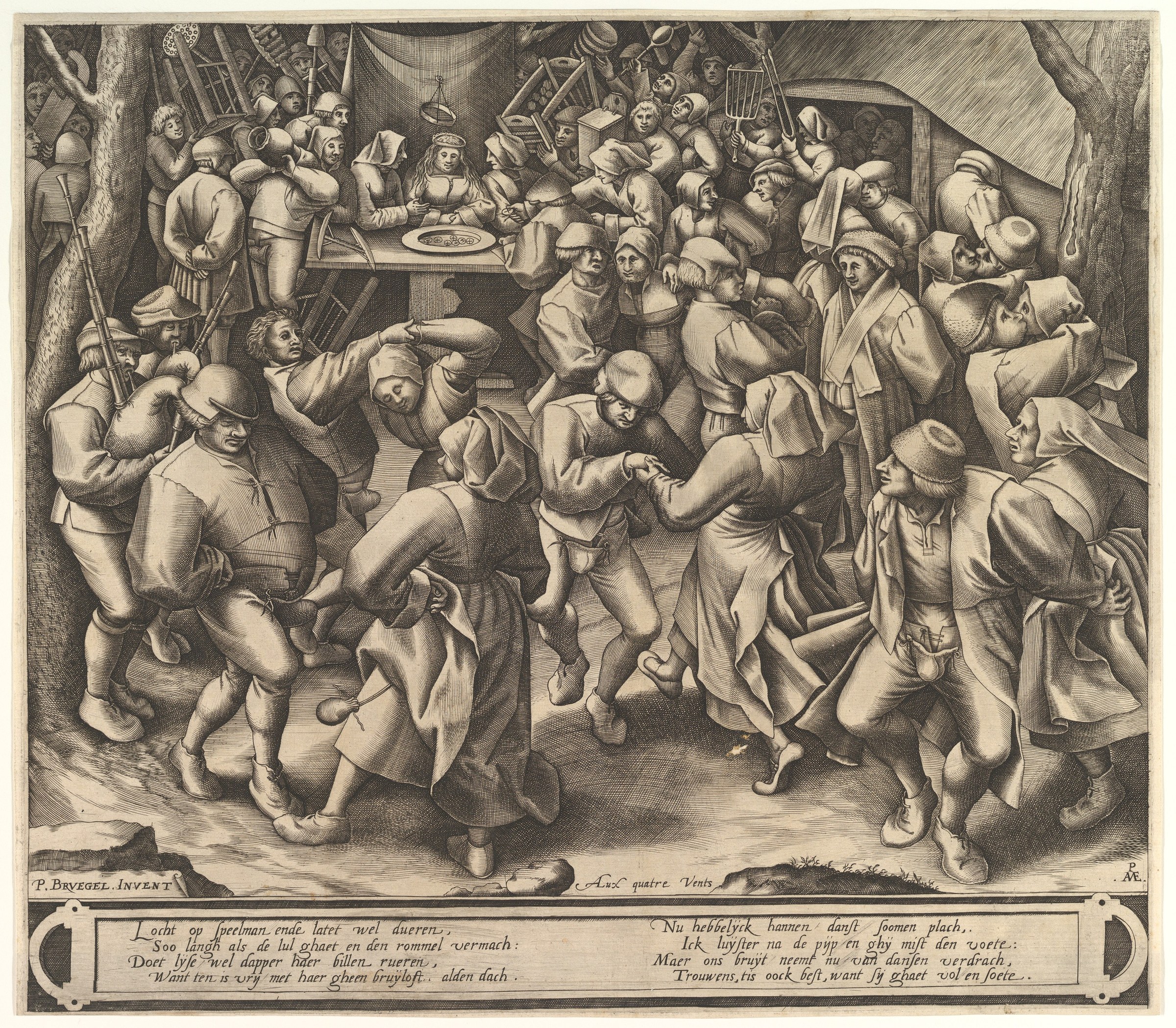 Crowded engraving of dozens of 16th-century villagers dancing, feasting, and celebrating together in an outdoor clearing.