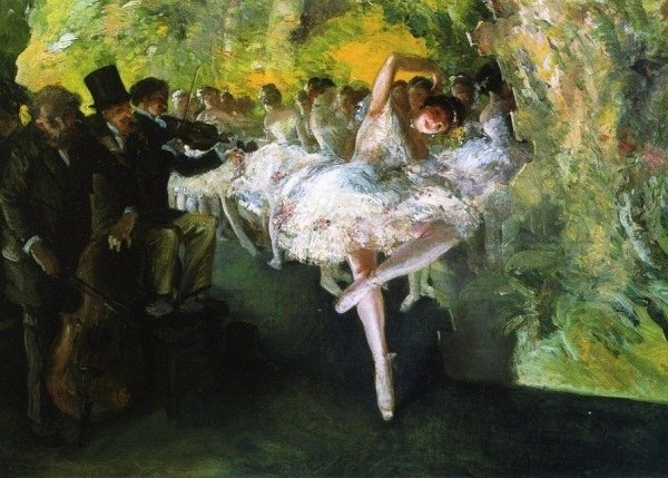 A woman in a white tutu stands en pointe with one leg extended and arms raised, watched by five men in dark formal dress in a pale green studio lit from above.