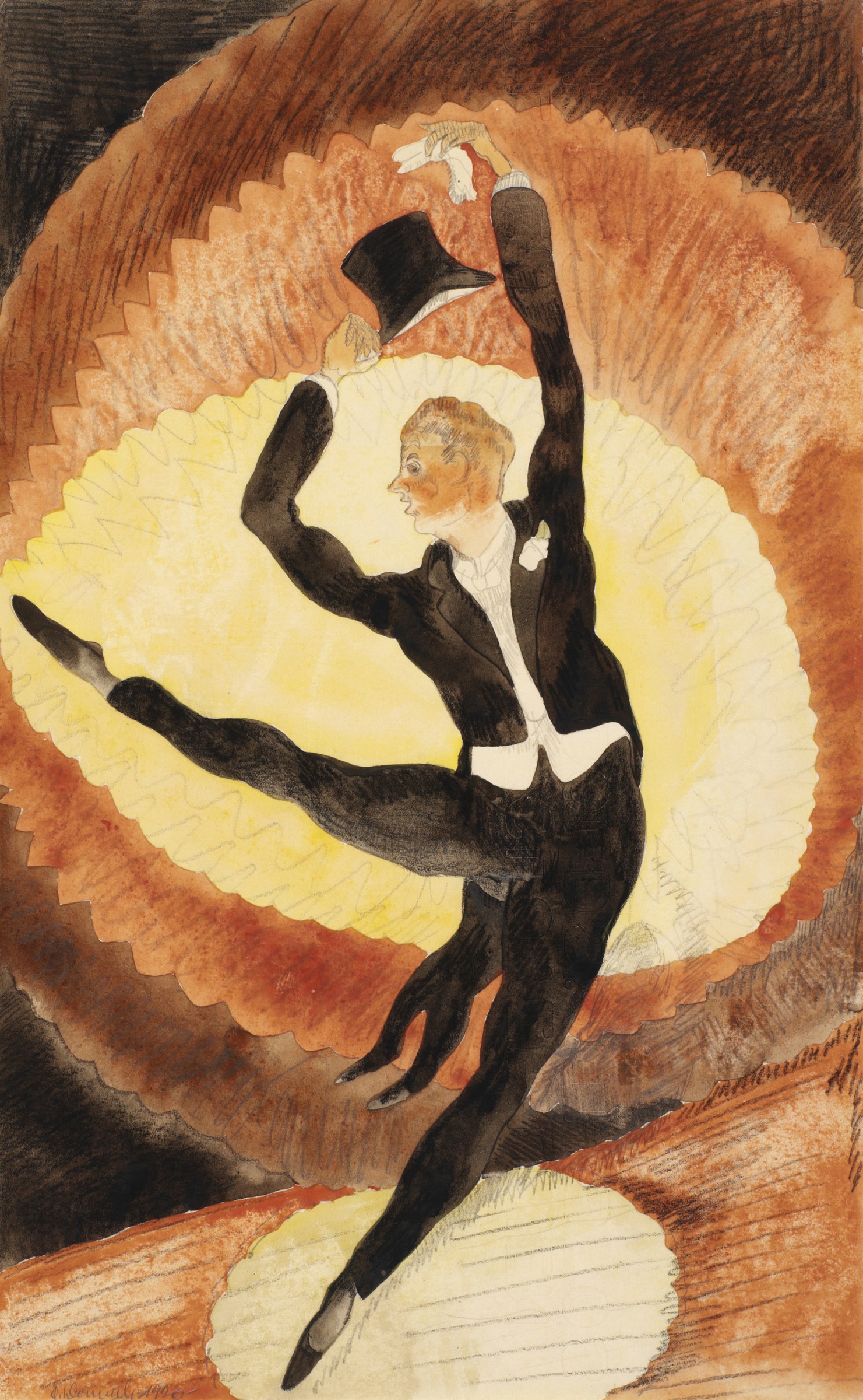 Male acrobat in black tailcoat and top hat suspended upside-down mid-leap against glowing concentric circles of warm light.