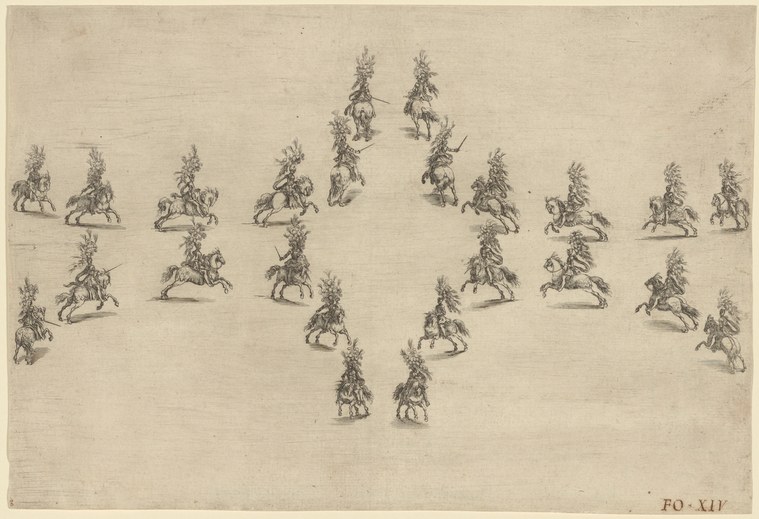 Twenty-five mounted figures in ornate dress arranged in a circular pattern, their horses leaping and rearing in synchronized choreographed movement.