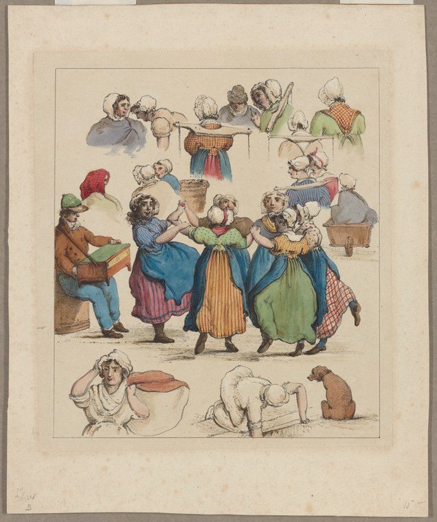 Hand-colored print showing four women in white caps and full skirts dancing energetically while other figures watch and participate around them.