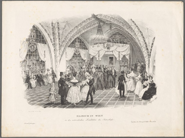 Steel engraving of a grand ballroom with Gothic arches where formally dressed couples waltz in closed position while spectators observe.