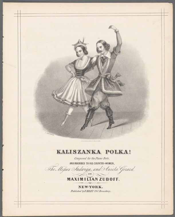 Two dancers in formal 19th-century dress perform a polka: man in tailcoat with raised arm, woman in full white skirt with headdress.