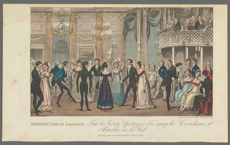 Regency-era ballroom scene with couples in closed positions dancing amid conversation, in a grand room with chandeliers and an orchestra.