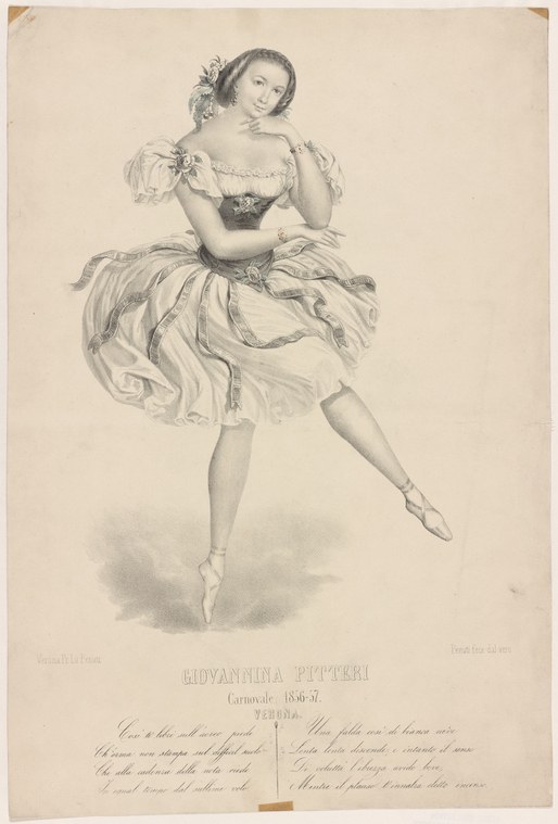 Female ballet dancer on pointe, wearing a pale tutu, in an extended balance position with one arm raised and gaze directed upward.