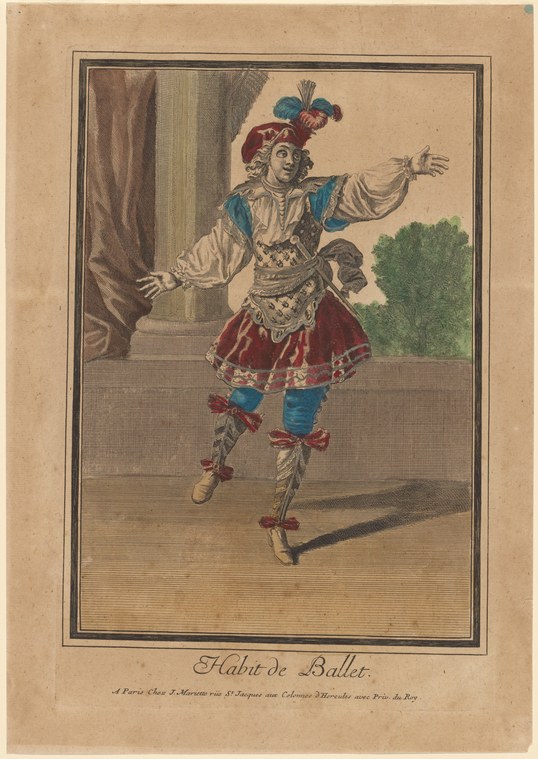 An 18th-century engraving of a male dancer in blue and burgundy court costume, standing in upright pose with one leg raised and arms extended.