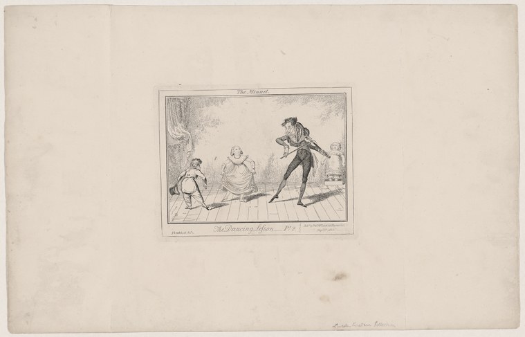 A dancing master instructs pupils in the minuet: a woman in a full skirt stands formally while a crouching child watches the master's feet.