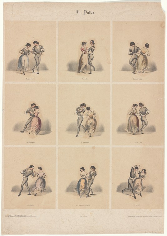 Nine lithographed panels showing couples in Victorian dress performing polka and mazurka steps in formal ballroom position.