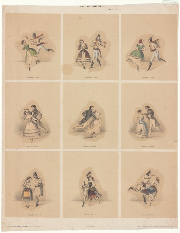 Nine lithographic vignettes showing couples in Victorian dress dancing polka and mazurka, arranged in a three-by-three grid.