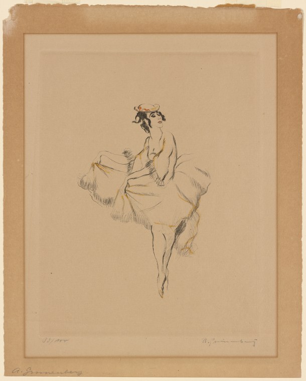 A woman in a billowing dress leaps in mid-air, arms raised, in a dynamic polka step.