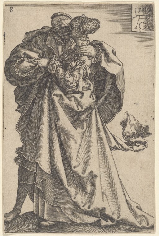 Engraved couple in formal dance pose: man in doublet and feathered hat holding woman in voluminous gown.