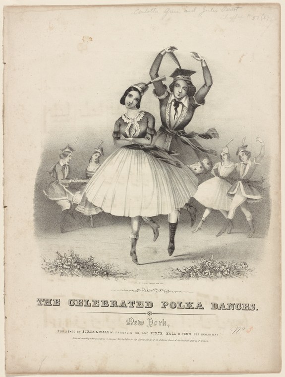 Lithograph of a man and woman dancing the polka in a ballroom; the woman's full skirt billows as she is lifted, with other formal couples dancing in the