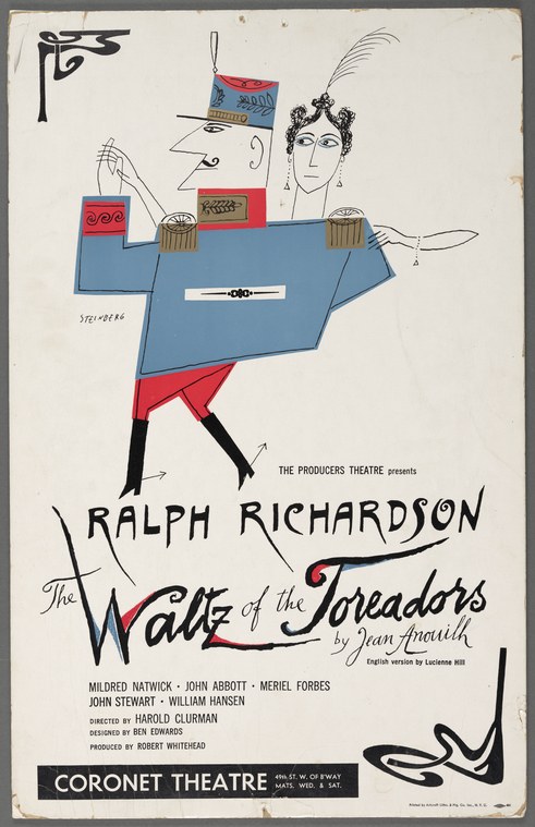 Mid-century modernist theatre poster showing a stylized torero in blue jacket and stockings with arms spread wide, red plume behind head, advertising The Waltz