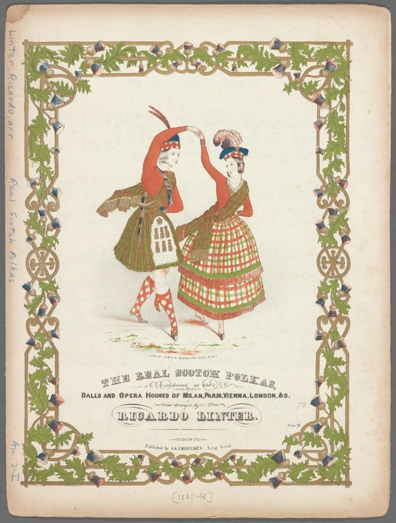 Two women in tartan dress execute high-kicking scissor steps in a lively sideways pose, captured mid-polka in a hand-colored lithograph bordered with vines.