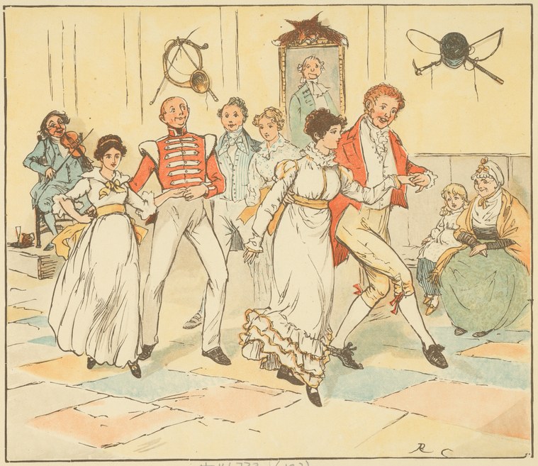 A hand-colored print showing a man in a red military jacket performing a high kick while dancing with a woman in a white gown, surrounded by other fashionably