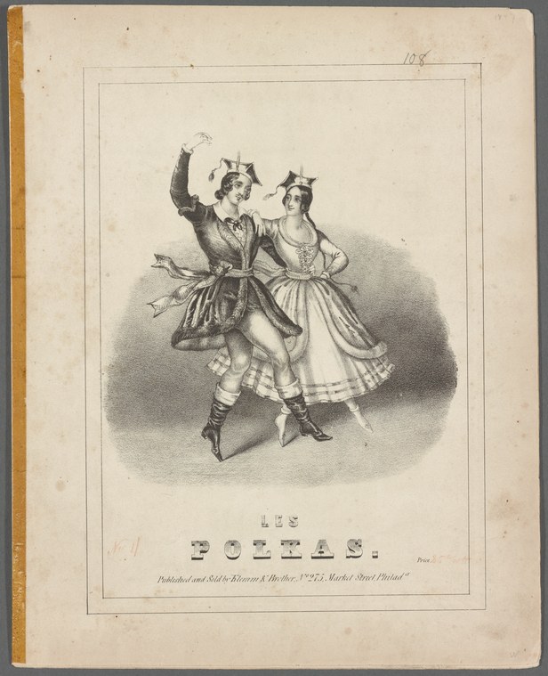 Two ballroom dancers in mid-polka: man in dark jacket with raised arm, woman in white dress with full skirt, both leaning forward in characteristic bouncing