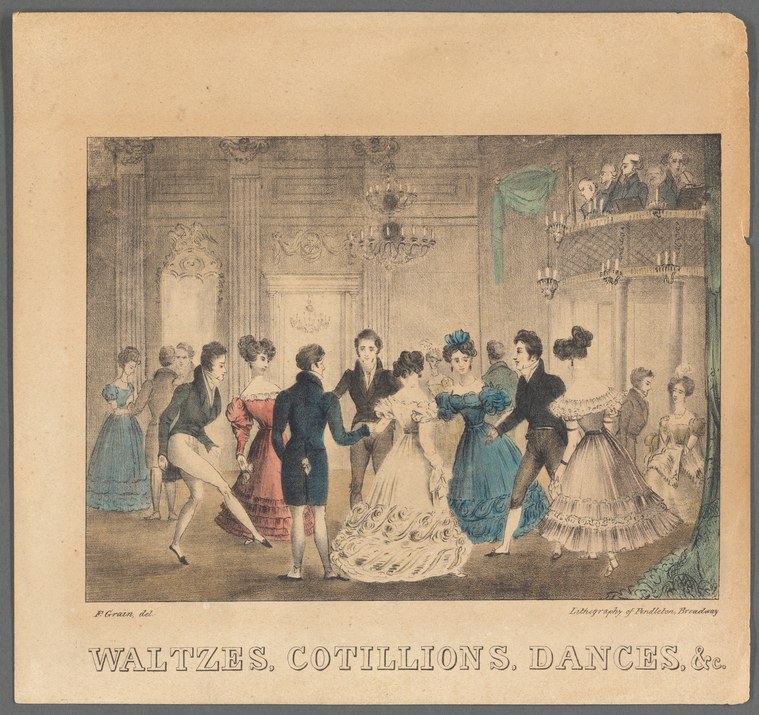 Victorian ballroom scene with formally dressed couples waltzing and socializing in an ornate room with columns and chandeliers.