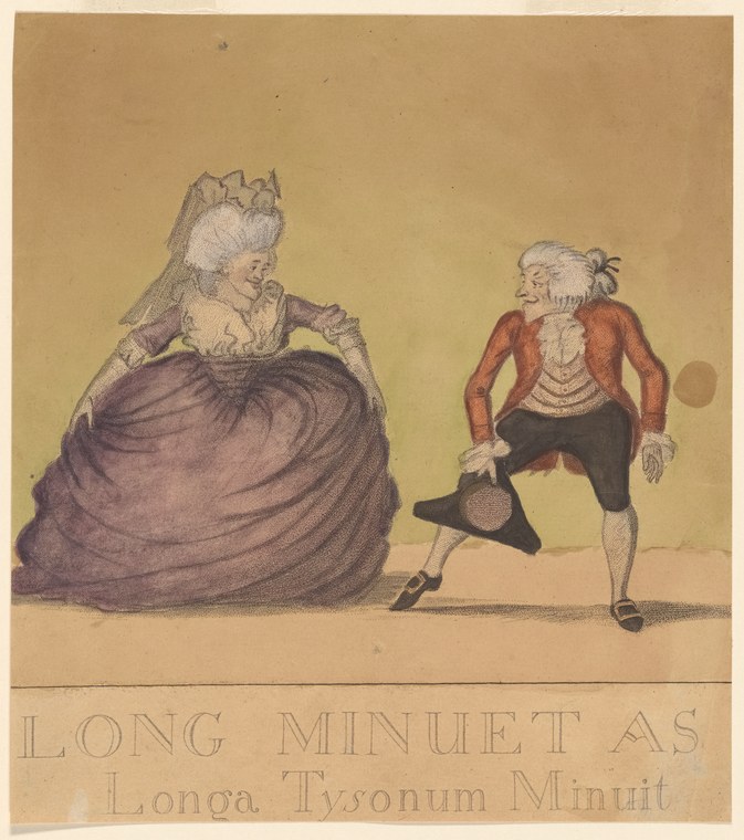 An engraving showing a woman in a purple skirt and a man in a red coat facing each other in a minuet pose, circa 1760–1780.