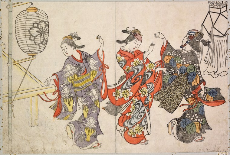 Four dancers in elaborate patterned kimono sway and gesture in a festival circle beneath a hanging paper lantern, in a Japanese woodblock print.