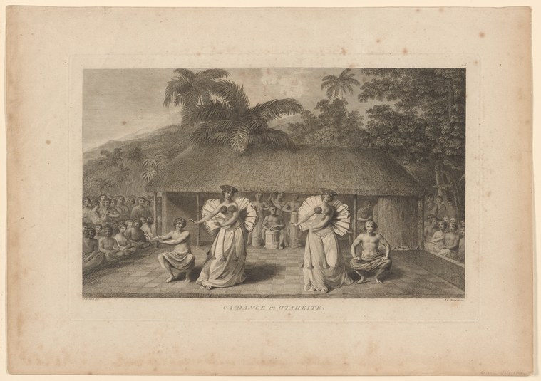 Engraving of two figures in elaborate white regalia standing upright before a crowd seated in an open-sided thatched structure, with palm trees beyond.