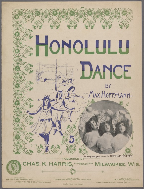 Sheet music cover showing animated pen sketches of four dancers in loose garments, plus a photograph of three women in white formal dress, framed by Art