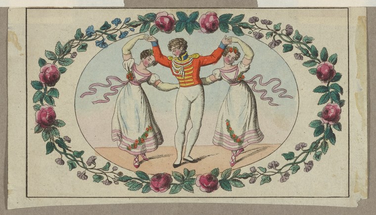 Hand-colored engraving of three figures in Regency dress: a man in red coat with raised arms between two women in muslin gowns, framed by a wreath of roses.