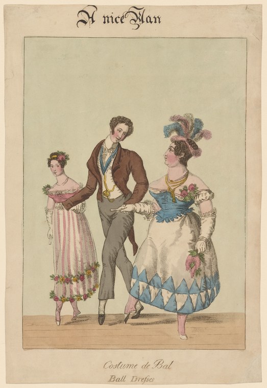 Colored engraving of three fashionably dressed figures at a Regency ballroom; two women in high-waisted muslin gowns flank a man in a brown coat, all posed