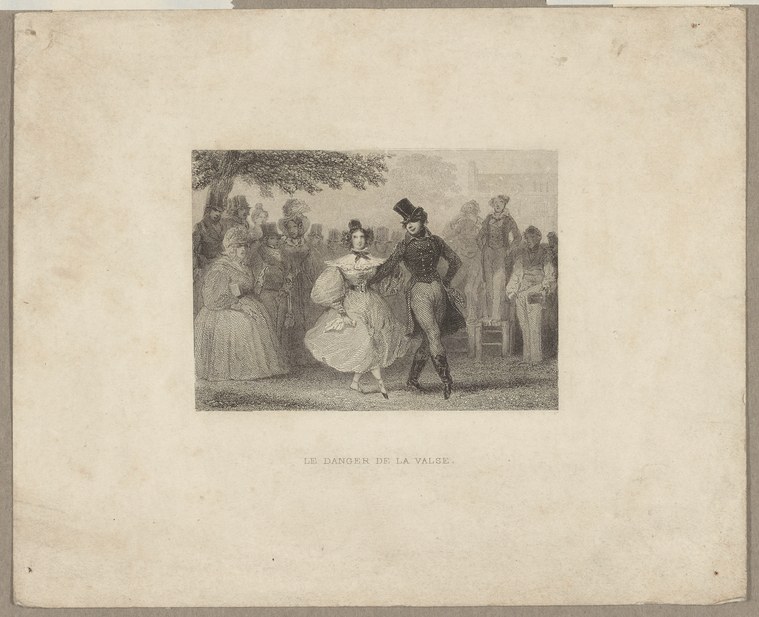 Regency-era engraving of a couple dancing the waltz in a formal ballroom, surrounded by spectators in evening dress.