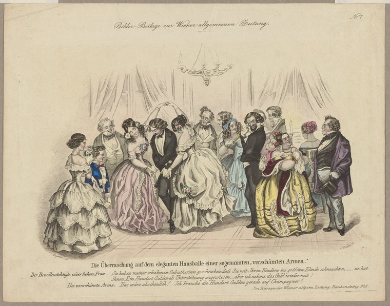 Hand-colored engraving of a formal ballroom scene: a couple in close embrace dances in the center while fashionably dressed onlookers watch from around them.