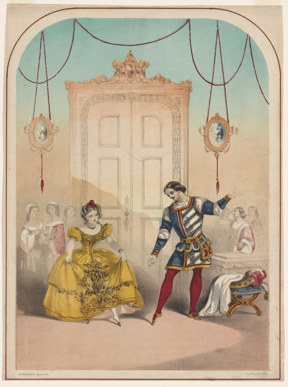 A woman in a golden embroidered gown gestures toward a military officer in blue coat and armor, framed by ornate architecture in a ballroom