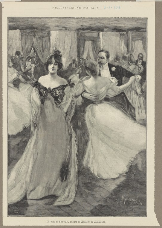A monochrome print of an elegant Edwardian-era ballroom scene with couples in formal dress dancing in a crowded interior space.