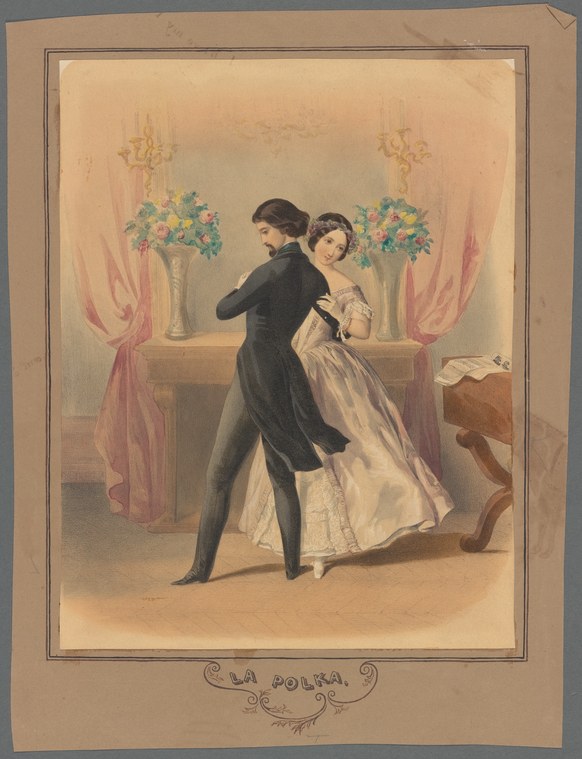 Man in black tailcoat and woman in white ball gown dance together in a formal ballroom with draped pink curtains and floral urns.