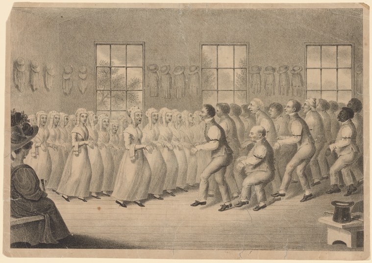 Engraving showing Shaker worship: clothed women in white stand in an ordered line on the left while nude or partially dressed figures move with raised arms and