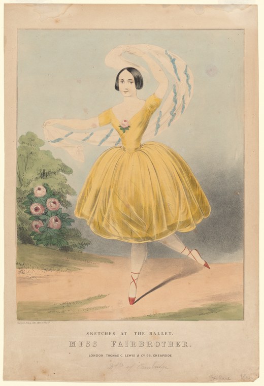 A woman in a yellow ballgown performs a ballet pose, holding a parasol, in a garden setting with clouded sky behind.