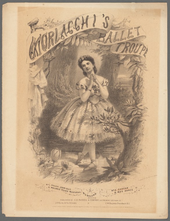 Engraving of a woman in white tulle ballet dress with floral decoration, standing gracefully in a wooded setting, circa 1850.