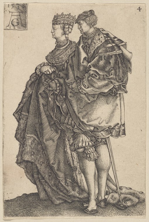 Engraving of a Renaissance couple in formal dress standing in close proximity, the woman in jeweled headdress and fur-trimmed gown, the man in patterned tunic