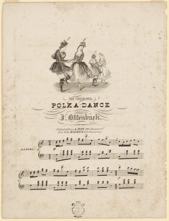 Three couples in Victorian dress perform a rapid polka turn; the nearest woman's skirt flares outward from centrifugal force.