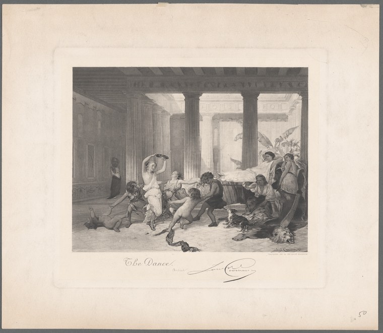 Engraved scene of loosely grouped figures in flowing drapery dancing and reveling in a columned hall, with a satyr and musician visible.