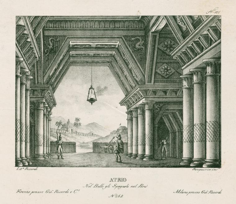 Engraving of a monumental vaulted hall with columns, showing small figures in eighteenth-century dress gathered in the foreground.