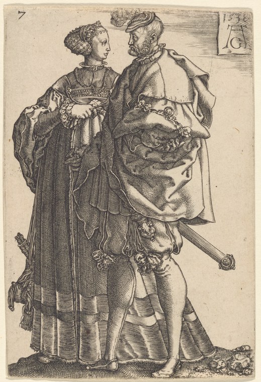 A man and woman in elaborate sixteenth-century court dress stand formally posed together in an engraving, the woman in a long gown with jeweled hem, the man in