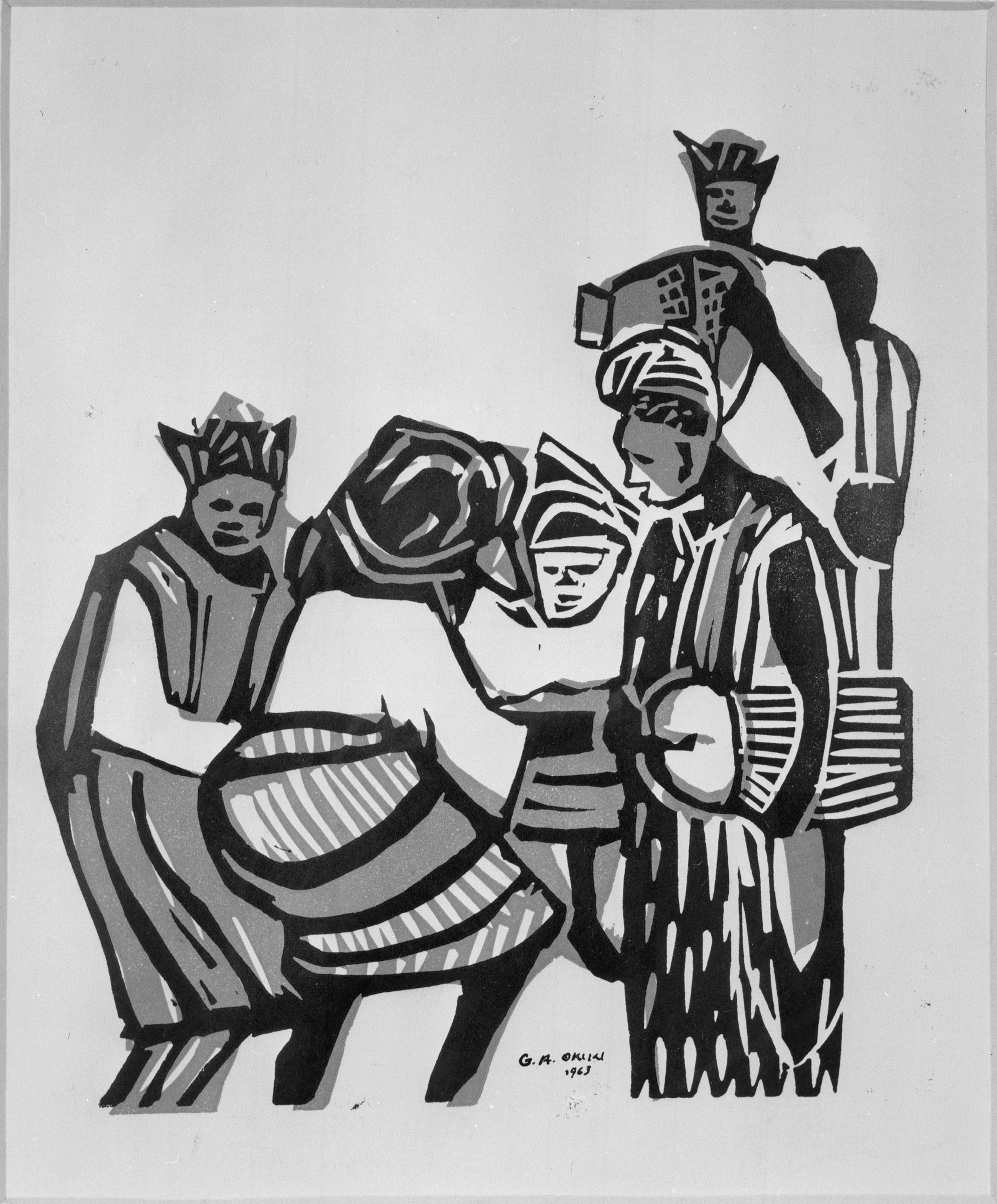 Five figures in geometric patterned dress lean toward a large striped drum, their bodies and arms in varied gestures of engagement and response.