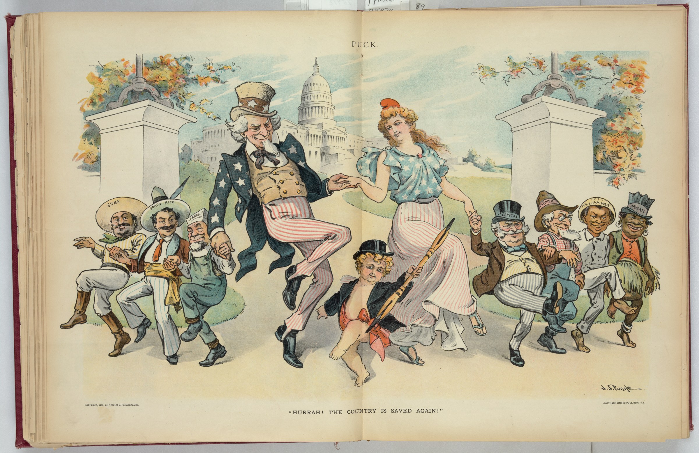 Political cartoon: Uncle Sam in starred jacket kicks high while dancing with a female figure in a neoclassical setting before the Capitol building, surrounded