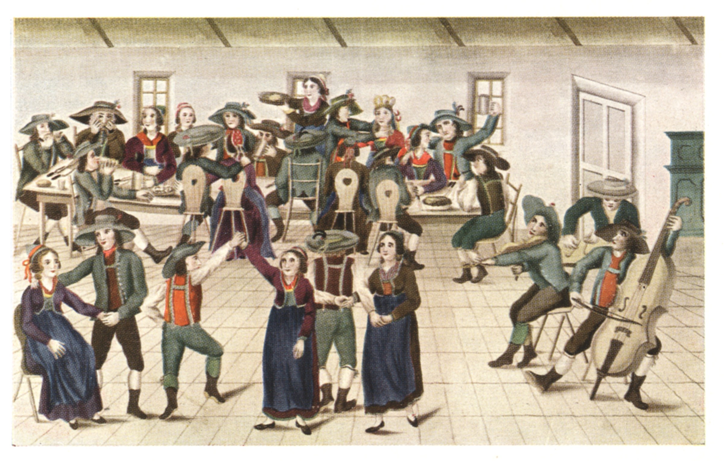 Large group in early 19th-century Alpine costume dancing in pairs and small groups in a timber-roofed hall, with musicians playing string instruments.