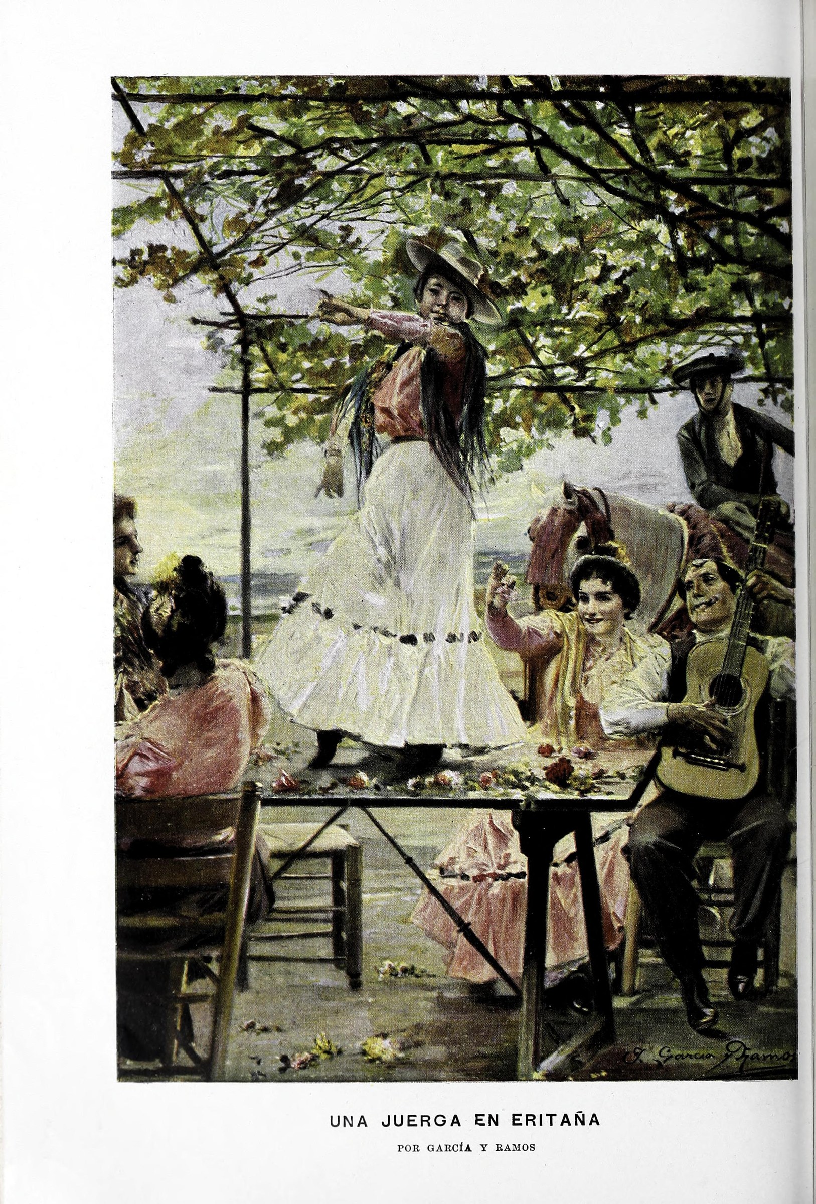 Woman in white dress arches backward under a pergola, arm raised, surrounded by five companions in a garden party, one playing guitar.
